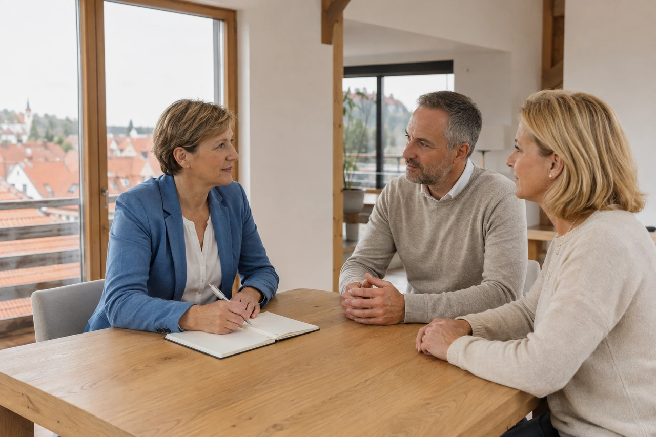 Symbolisches Immobiliengespräch in einem hellen bayerischen Wohnraum.